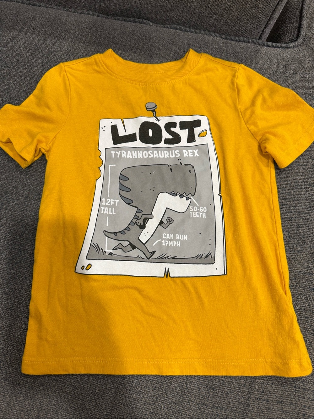 Old Navy Yellow Kids Tee with Gray Dinosaur 'LOST' Poster Graphic